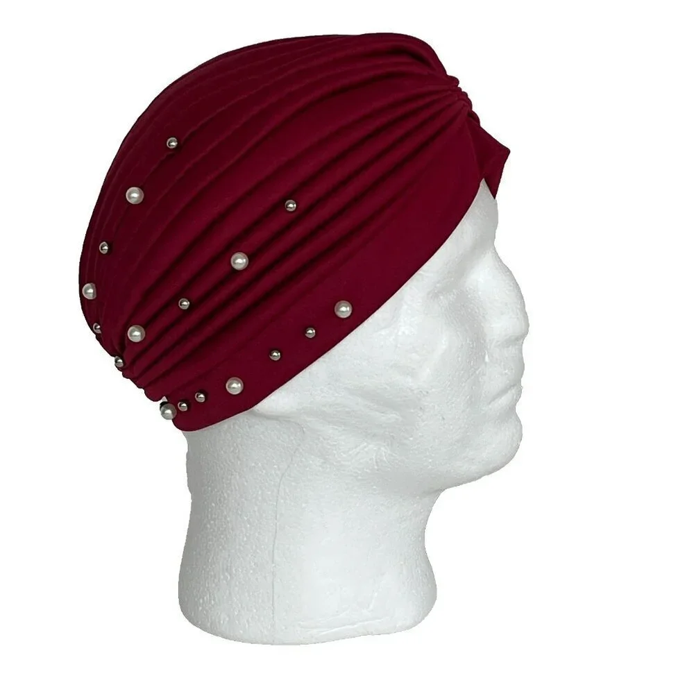 Turban Hat One Size Stretch Beaded Flapper 20's Costume Theater Church Brick Red